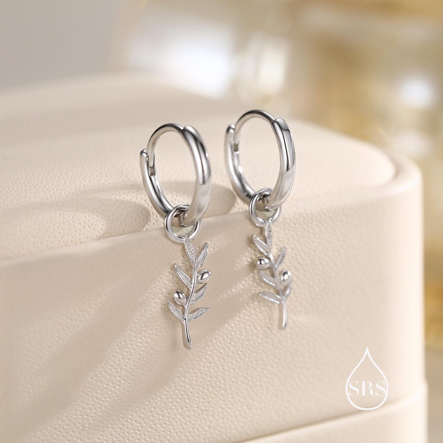 Sterling Silver Olive Branch Huggie Hoop Earrings, Delicate Silver Olive Leaf Earrings, Two Finishes Available