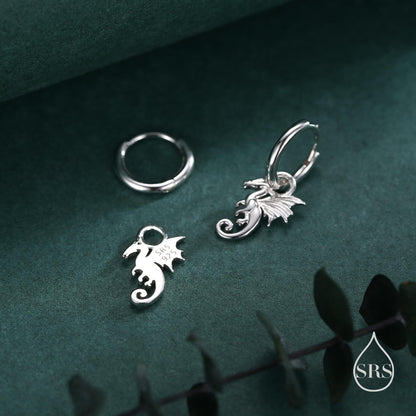 Flying Dragon Huggie Hoop in Sterling Silver, Silver or Gold or Rose Gold, Dagon Dangle Hoop Earrings, Detachable and Interchangeable