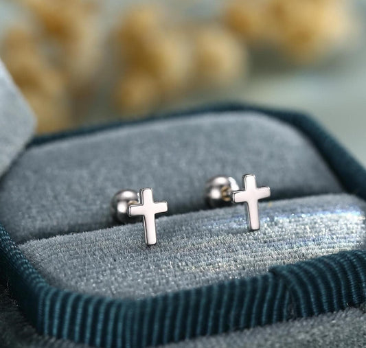 Tiny Cross Screw Back Earrings in Sterling Silver, Silver or Gold or Rose Gold, Small Cross Barbell Earrings