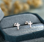 Tiny Cross Screw Back / Flat Back/ Stud Earrings in Sterling Silver, Silver or Gold or Rose Gold, Small Cross Barbell Earrings