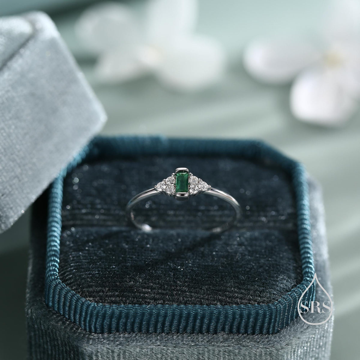 Vintage Inspired Emerald Green CZ Ring in Sterling Silver, Baguette Ring, Delicate Emerald Ring, Size US 5 - 8