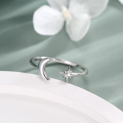 Sterling Silver Moon and Star Open Ring, Adjustable Size, Silver or Gold Finish, Starburst and Moon Ring, Celestial Jewellery,