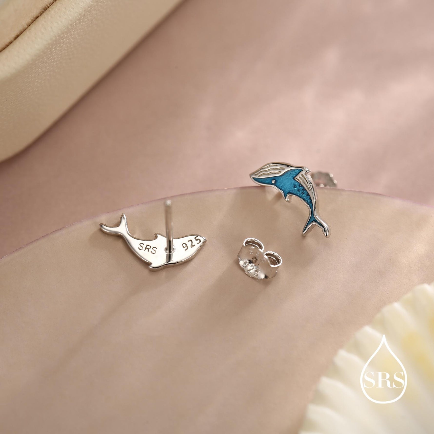 Very Tiny Blue Whale Stud Earrings in Sterling Silver with Hand Painted Enamel, Cute Whale Earrings