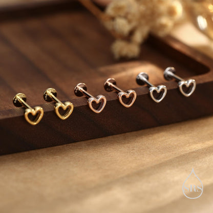 Tiny Open Heart Screw back Earrings in Sterling Silver, Silver, Gold or Rose Gold, Geometric Minimalist Design, Screwback, Sold as a Pair!