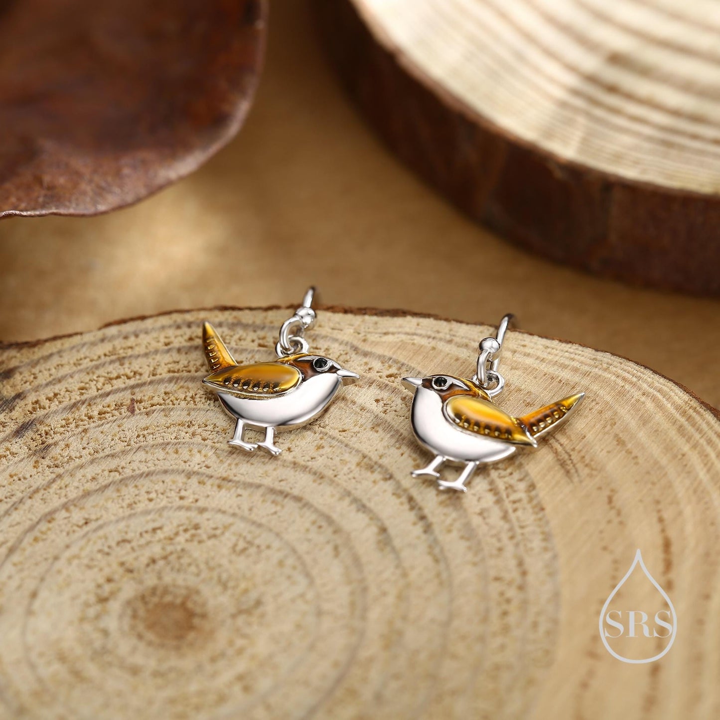 Sterling Silver Wren Bird Drop Hook Earrings Earrings, Silver Wren Earrings, Cute Sparrow Earrings