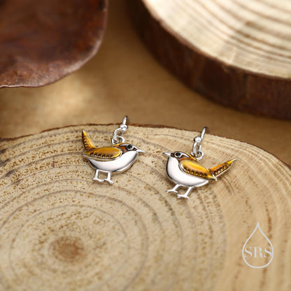 Sterling Silver Wren Bird Drop Hook Earrings Earrings, Silver Wren Earrings, Cute Sparrow Earrings