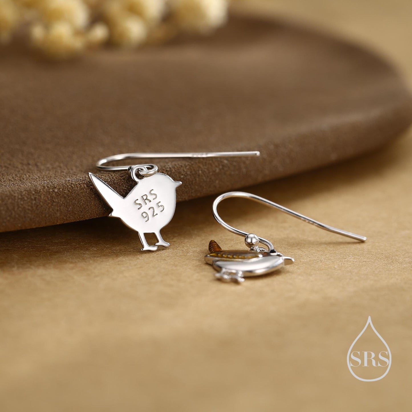 Sterling Silver Wren Bird Drop Hook Earrings Earrings, Silver Wren Earrings, Cute Sparrow Earrings