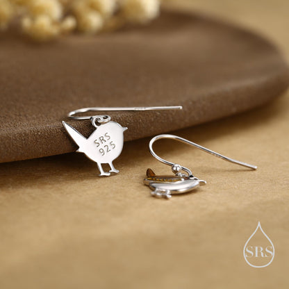 Sterling Silver Wren Bird Drop Hook Earrings Earrings, Silver Wren Earrings, Cute Sparrow Earrings