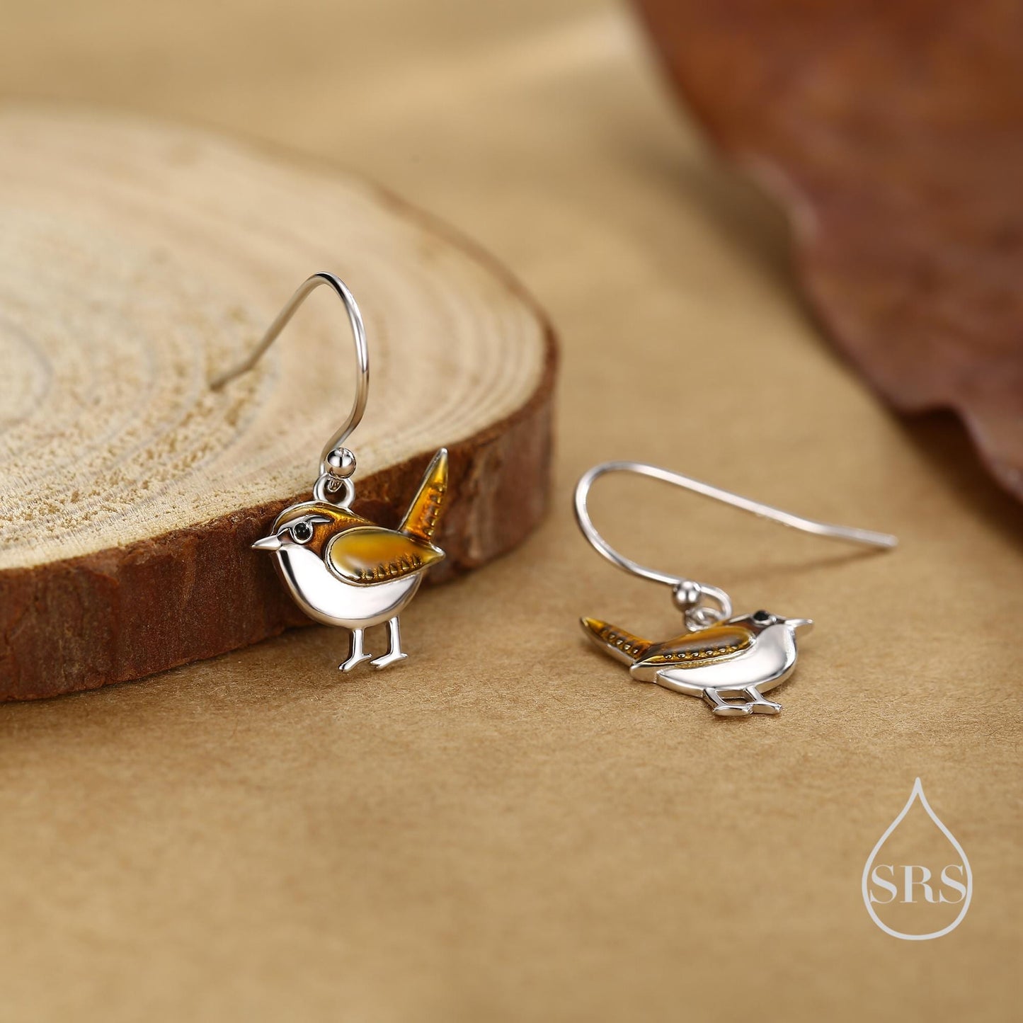 Sterling Silver Wren Bird Drop Hook Earrings Earrings, Silver Wren Earrings, Cute Sparrow Earrings