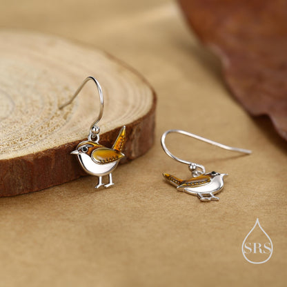 Sterling Silver Wren Bird Drop Hook Earrings Earrings, Silver Wren Earrings, Cute Sparrow Earrings