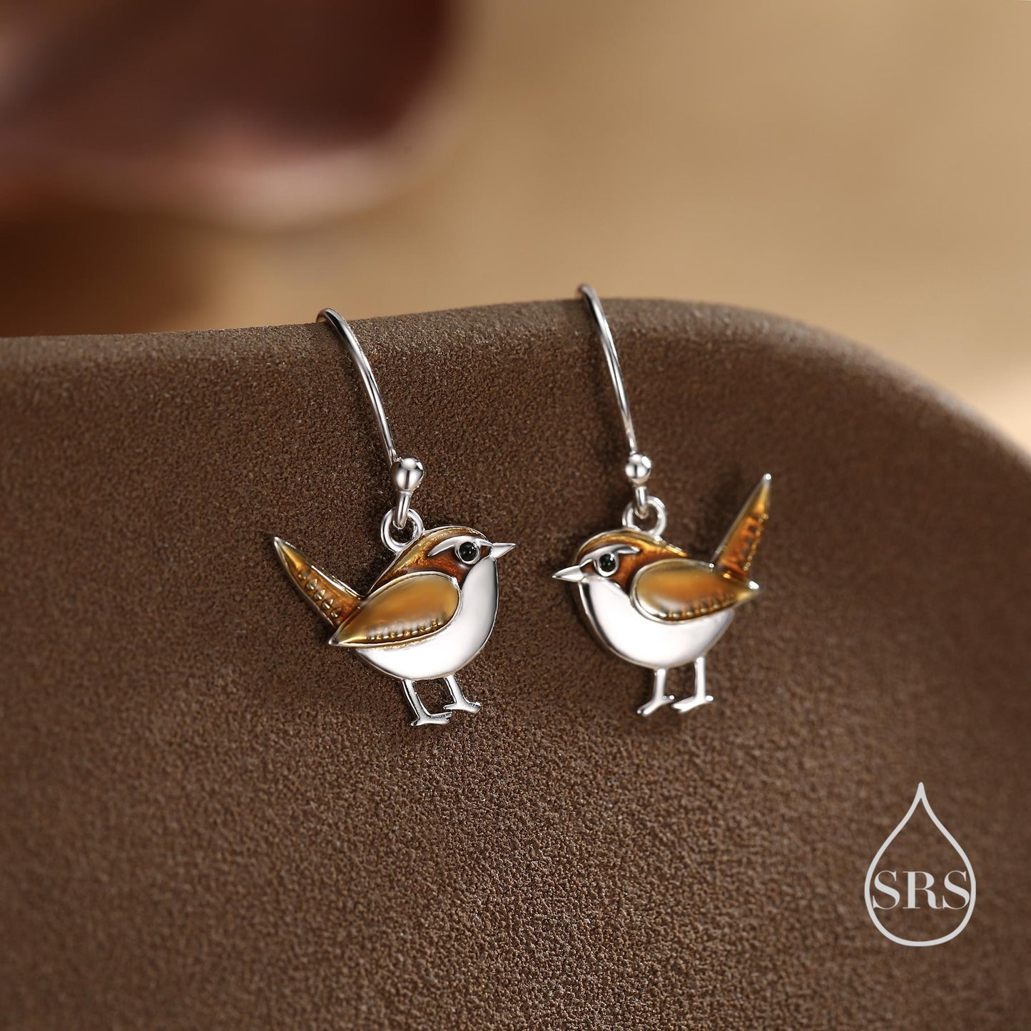 Sterling Silver Wren Bird Drop Hook Earrings Earrings, Silver Wren Earrings, Cute Sparrow Earrings
