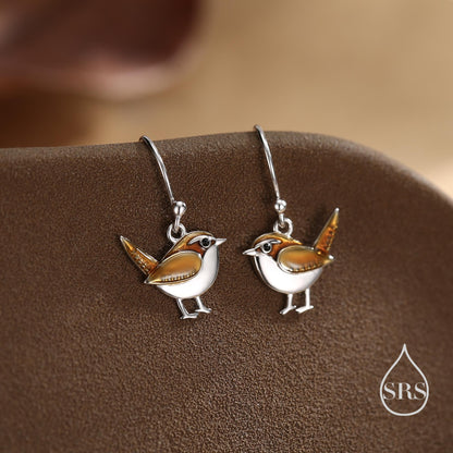 Sterling Silver Wren Bird Drop Hook Earrings Earrings, Silver Wren Earrings, Cute Sparrow Earrings