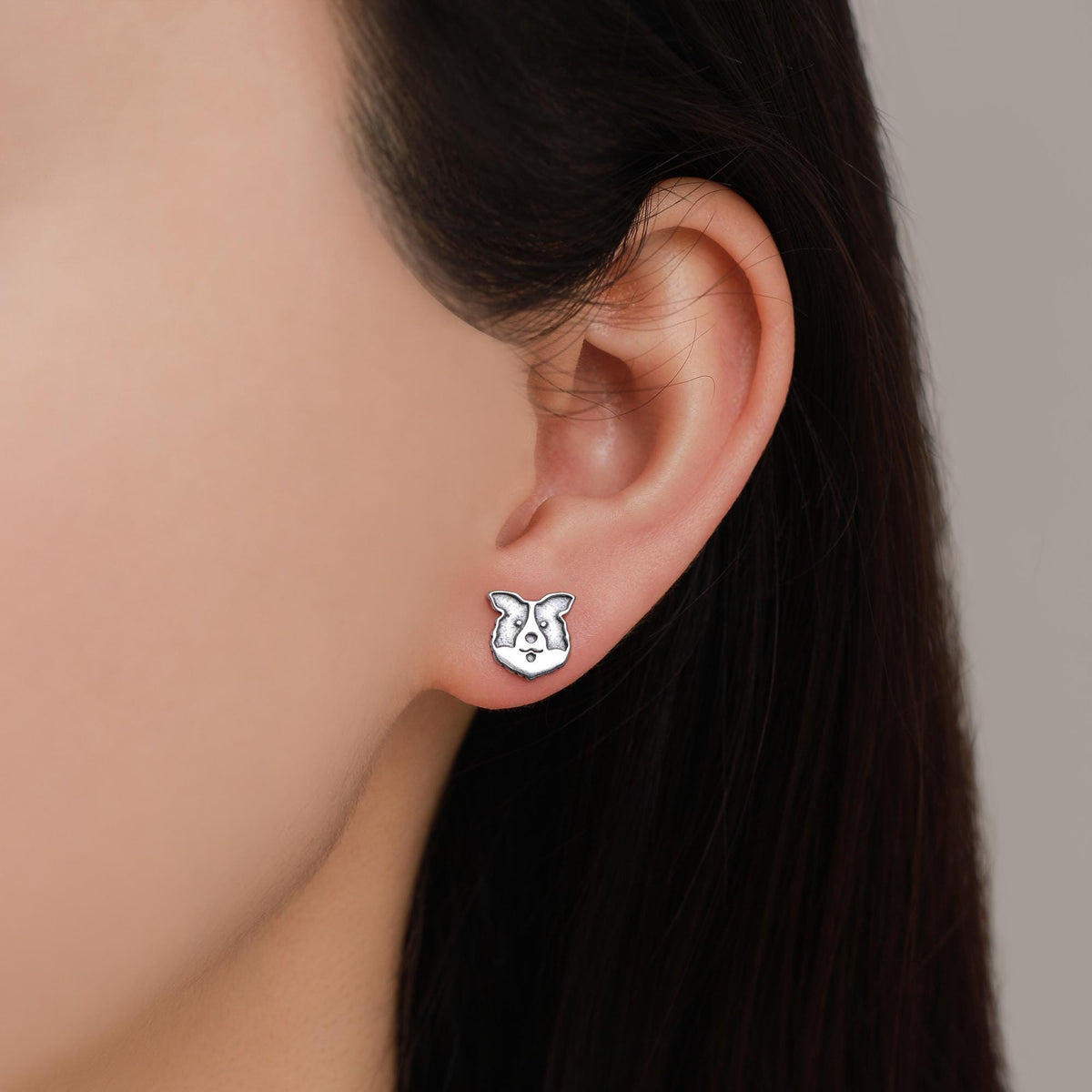 Border Collie Dog Stud Earrings in Oxidised Sterling Silver, Dog Earrings, Animal Earrings, Pet Lover