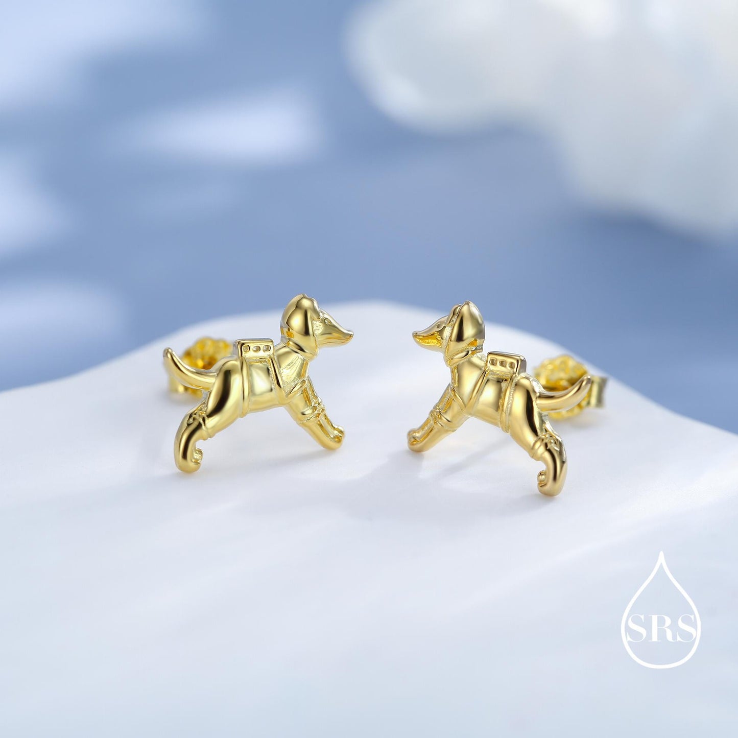 Laika the Space Dog Tiny Stud Earrings in Sterling Silver, Silver or Gold or Mixed Tone, Cute Dog Earrings