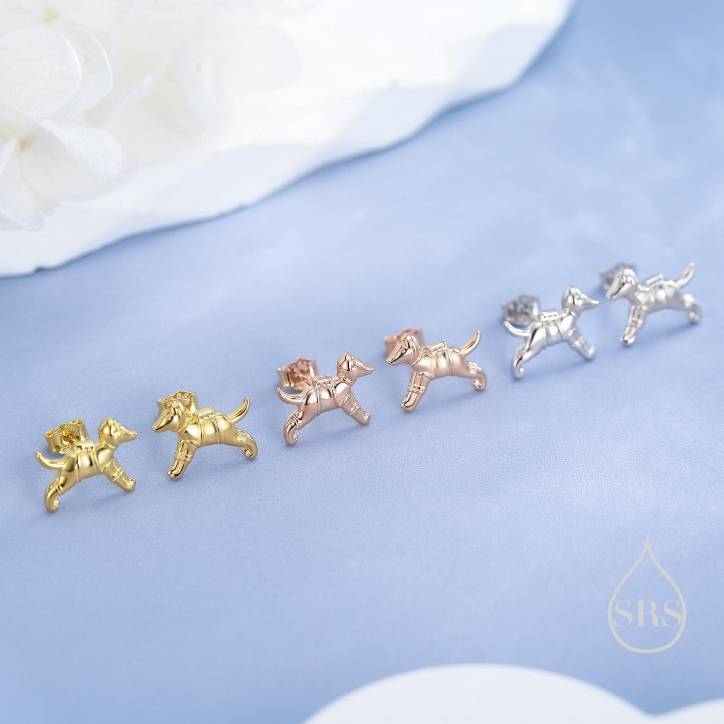 Laika the Space Dog Tiny Stud Earrings in Sterling Silver, Silver or Gold or Mixed Tone, Cute Dog Earrings