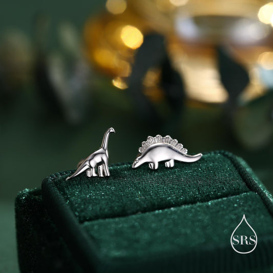Mismatched Dinosaur Stud Earrings in Sterling Silver, Silver, Gold or Rose Gold, Asymmetric Stegosaurus and Brachiosaurus Dino Earrings