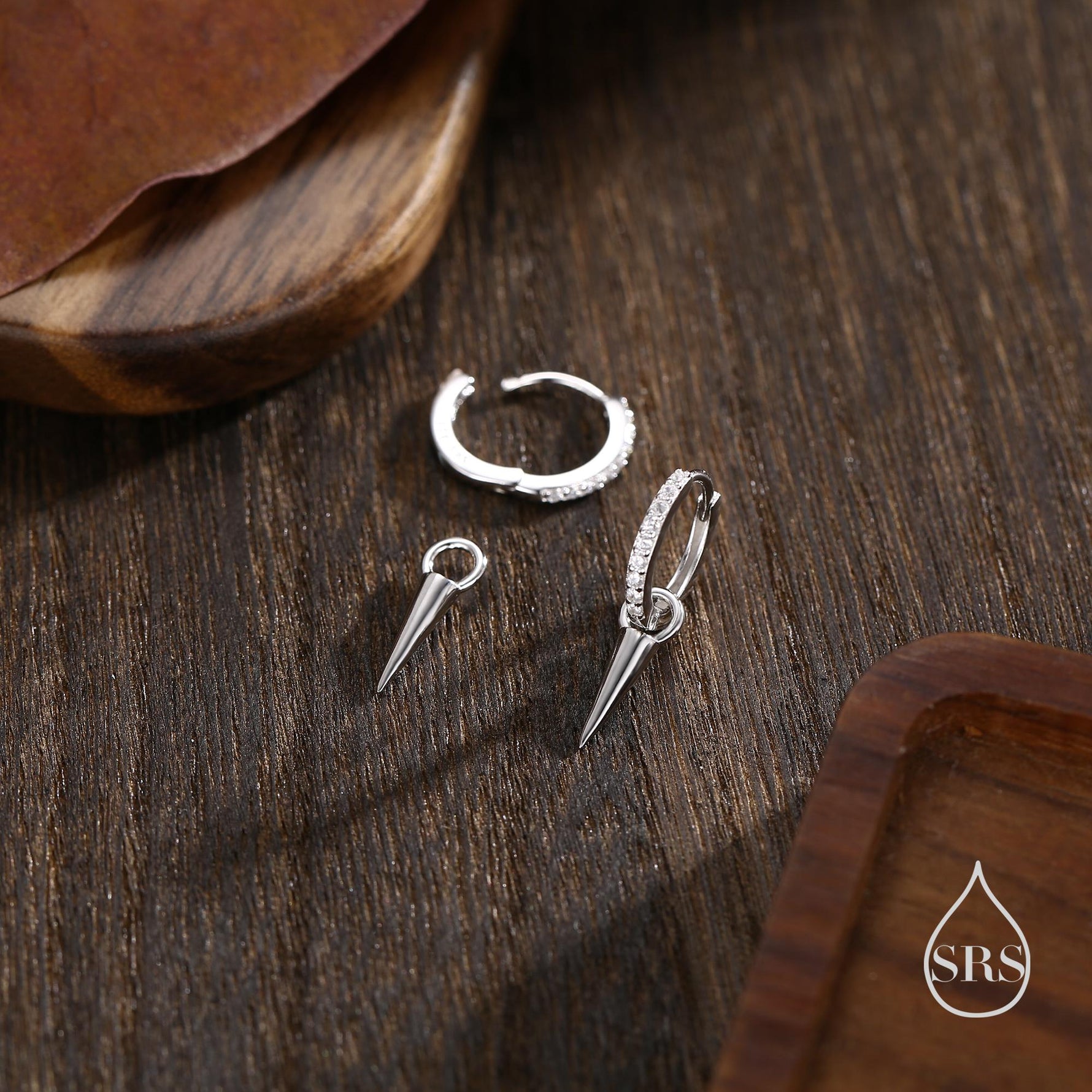 Sterling Silver Delicate Spike Hoop Earrings, Detachable Charm Dangle Hoop Earrings, Silver or Gold or Rose Gold or Black, Interchangeable