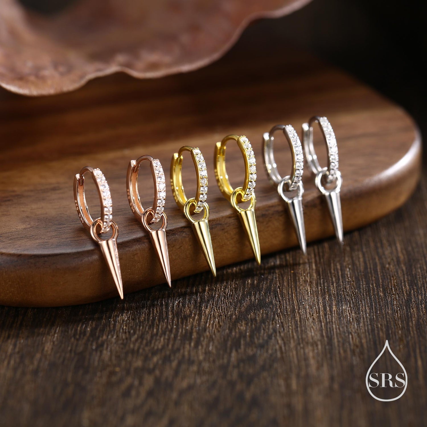 Sterling Silver Delicate Spike Hoop Earrings, Detachable Charm Dangle Hoop Earrings, Silver or Gold or Rose Gold or Black, Interchangeable