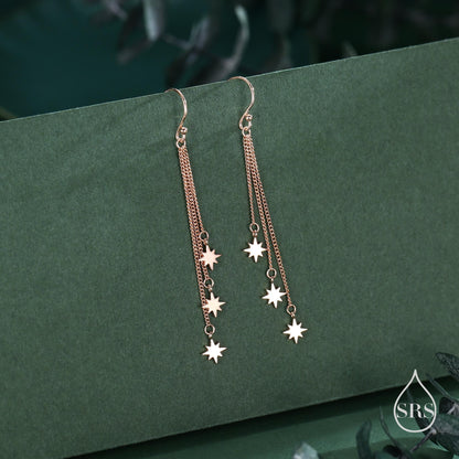 Delicate Starburst Cascade Dangle Drop Hook Earrings in Sterling Silver, Triple Star Drop Dangle Earrings in Silver or Gold or Rose Gold