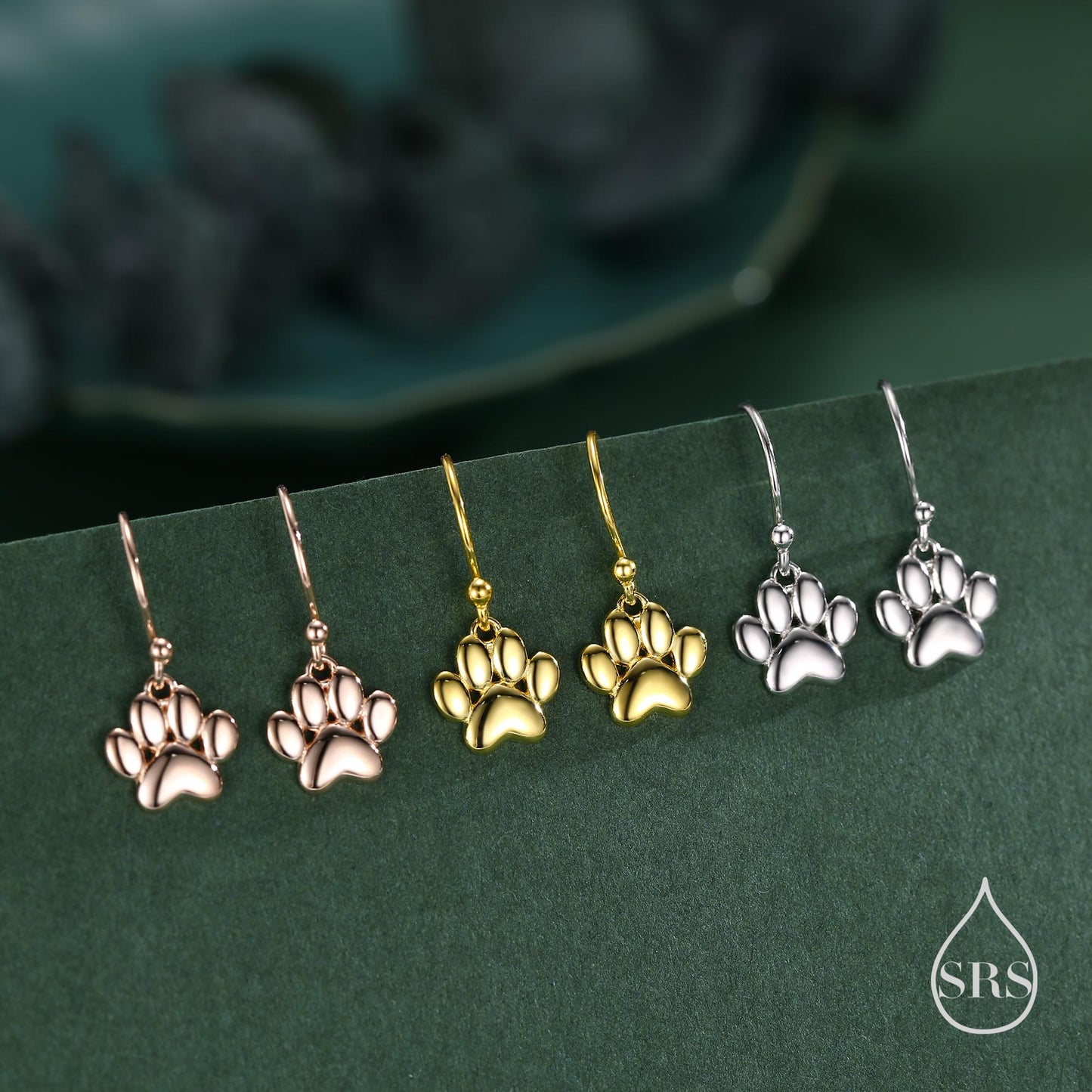 Paw Print Drop Hook Earrings in Sterling Silver, Silver or Gold or Rose Gold, Pet Earrings, Dog Earrings, Cat Earrings