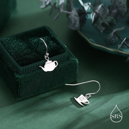 Mismatched Teapot and Tea Drop Hook Earrings in Sterling Silver, Silver or Gold or Rose Gold,  Asymmetric Teacup Earrings,