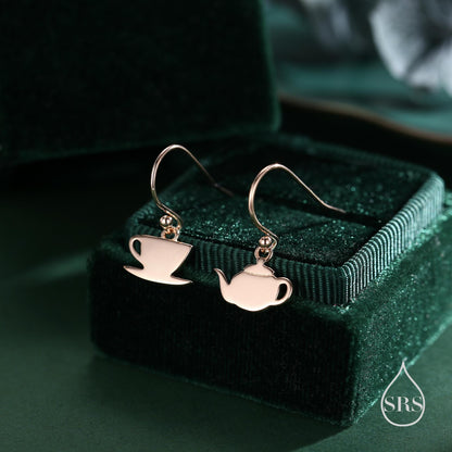 Mismatched Teapot and Tea Drop Hook Earrings in Sterling Silver, Silver or Gold or Rose Gold,  Asymmetric Teacup Earrings,