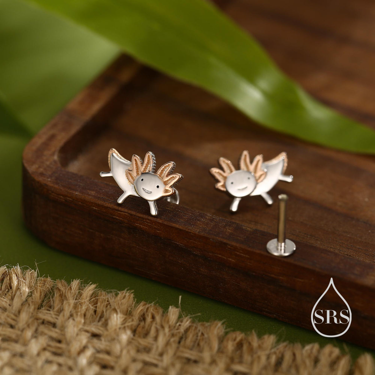 Tiny Axolotl 16G Internally Threaded Flat Back Earrings in Sterling Silver - Animal Earrings