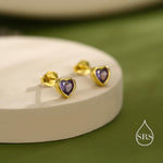 Tiny Amethyst Purple CZ Heart Stud Earrings in Sterling Silver, Silver or Gold, Purple Crystal Heart Earrings, Stacking Earrings