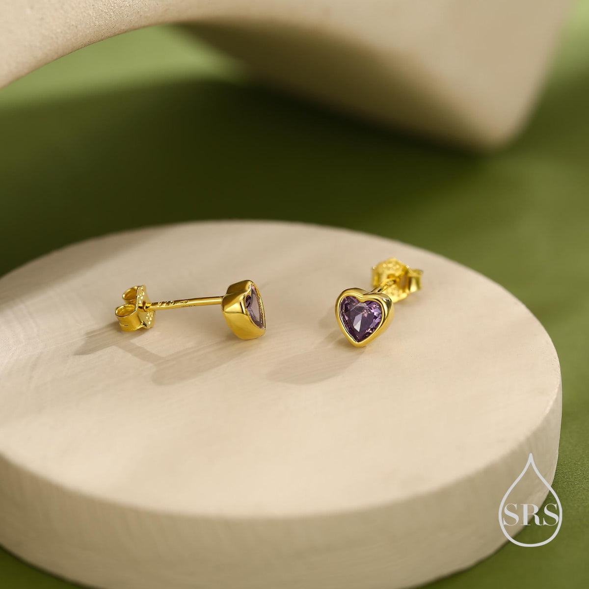 Tiny Amethyst Purple CZ Heart Stud Earrings in Sterling Silver, Silver or Gold, Purple Crystal Heart Earrings, Stacking Earrings