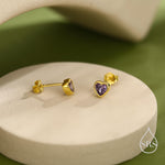 Tiny Amethyst Purple CZ Heart Stud Earrings in Sterling Silver, Silver or Gold, Purple Crystal Heart Earrings, Stacking Earrings