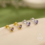 Tiny Amethyst Purple CZ Heart Stud Earrings in Sterling Silver, Silver or Gold, Purple Crystal Heart Earrings, Stacking Earrings