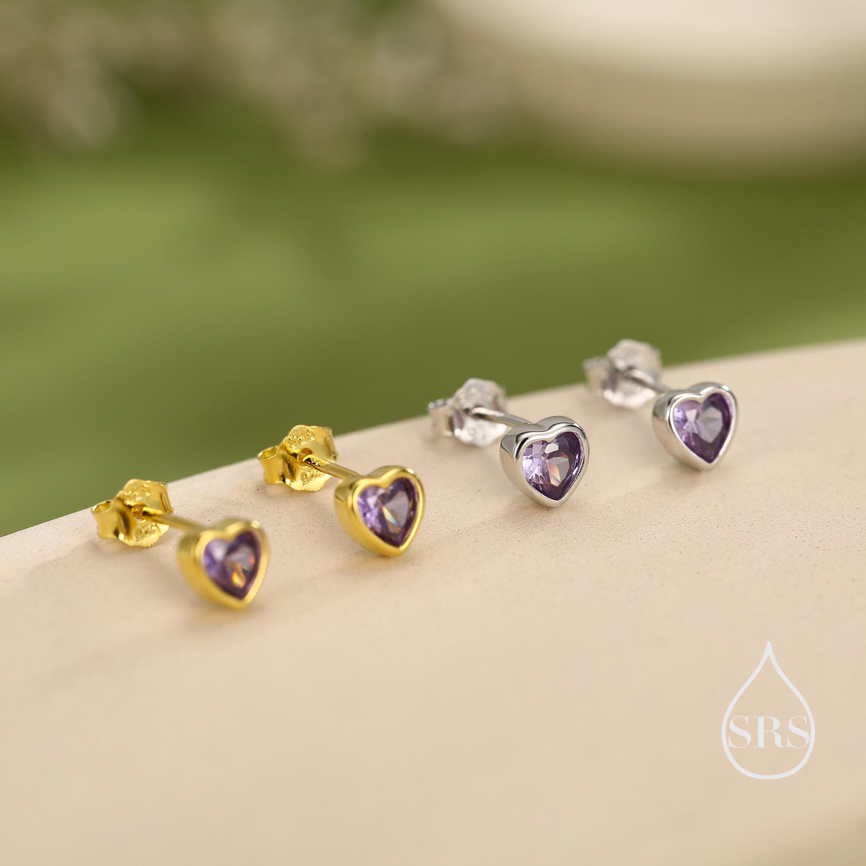 Tiny Amethyst Purple CZ Heart Stud Earrings in Sterling Silver, Silver or Gold, Purple Crystal Heart Earrings, Stacking Earrings