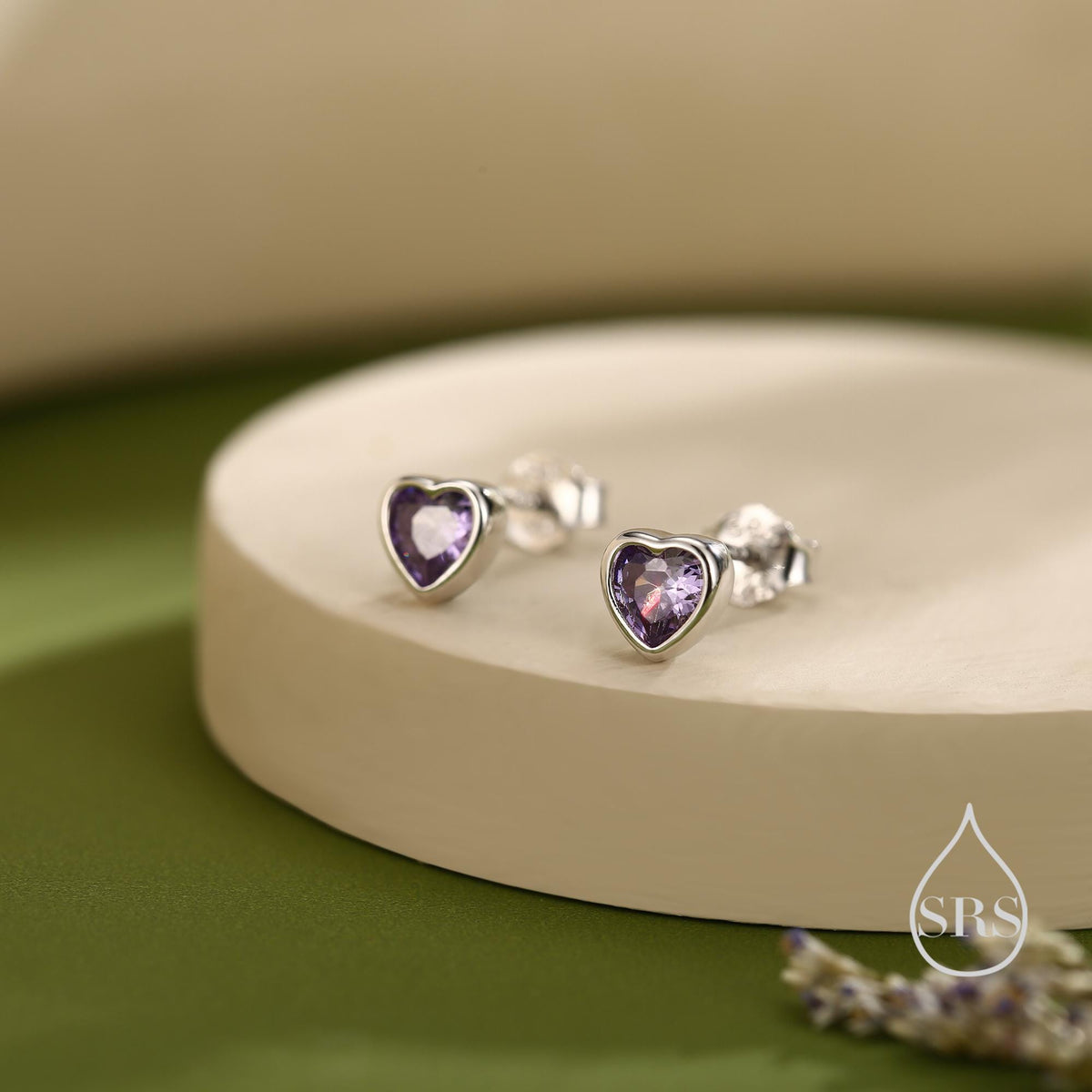 Tiny Amethyst Purple CZ Heart Stud Earrings in Sterling Silver, Silver or Gold, Purple Crystal Heart Earrings, Stacking Earrings