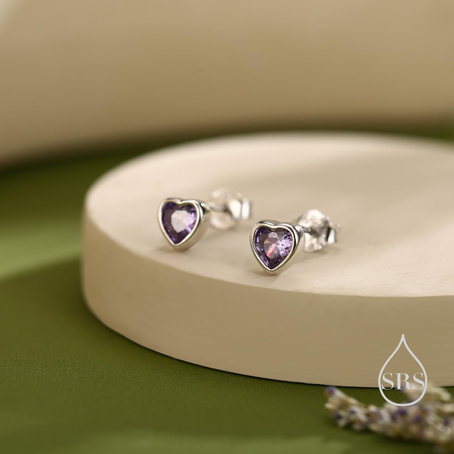 Tiny Amethyst Purple CZ Heart Stud Earrings in Sterling Silver, Silver or Gold, Purple Crystal Heart Earrings, Stacking Earrings