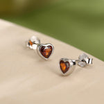 Tiny Garnet Red CZ Heart Stud Earrings in Sterling Silver, Silver or Gold, Red Crystal Heart Earrings, Stacking Earrings