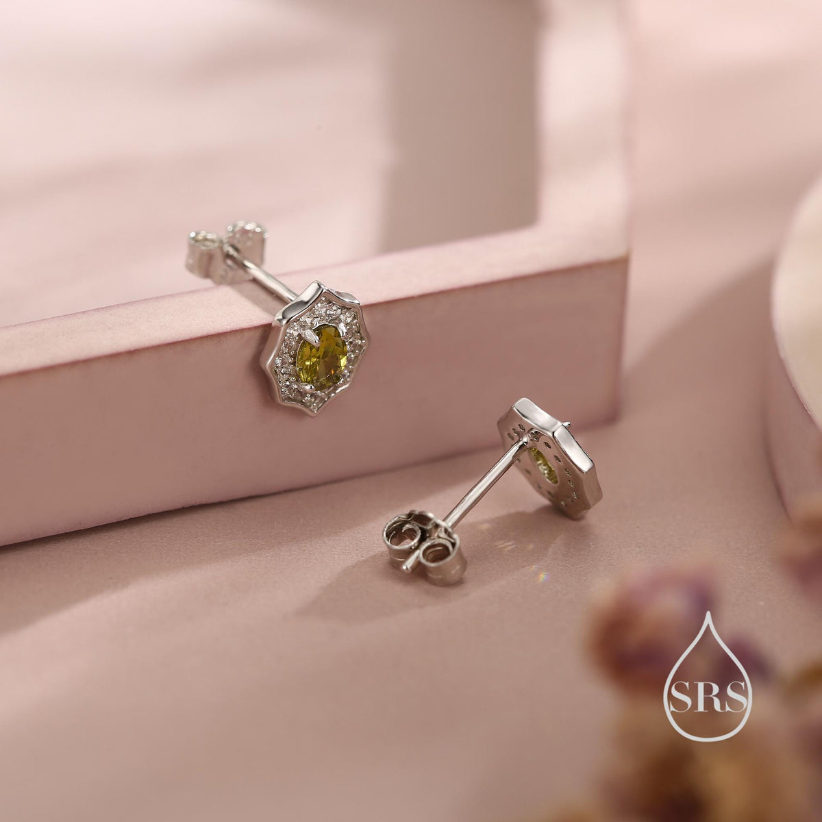 Olive Green CZ Vintage Halo Stud Earrings