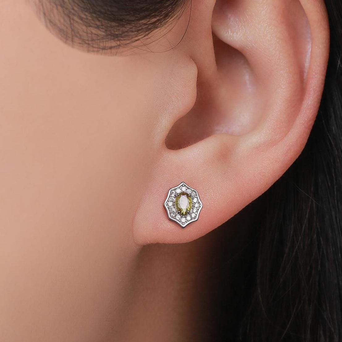 Vintage Inspired Olive Green CZ Halo Stud Earrings in Sterling Silver, Silver or Gold,  Tiny CZ Stud Earrings, May Birthstone