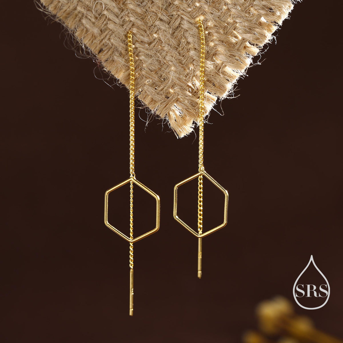 Open Hexagon Threader Earrings in Sterling Silver, Silver or Gold or Rose Gold, Chain Earrings