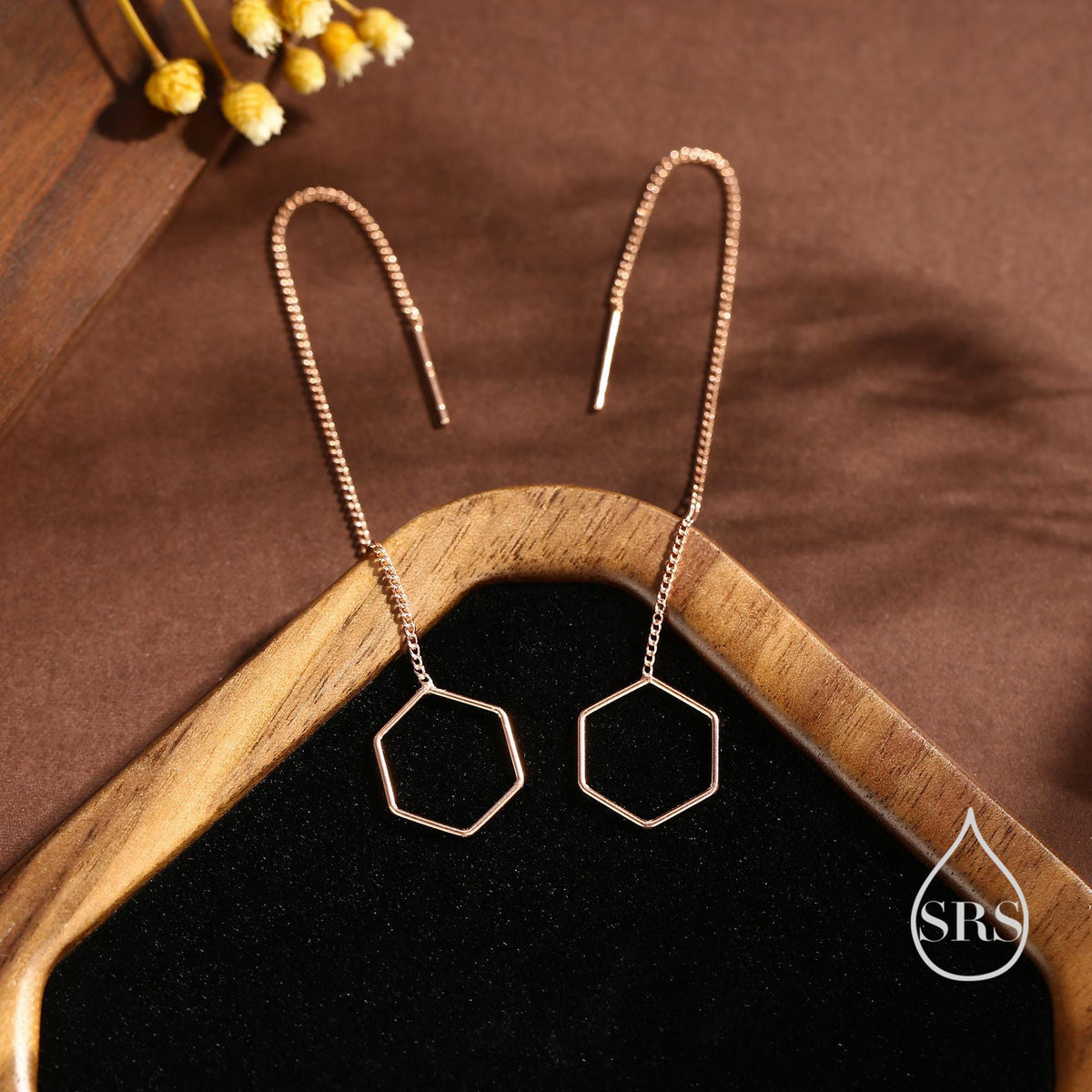 Open Hexagon Threader Earrings in Sterling Silver, Silver or Gold or Rose Gold, Chain Earrings