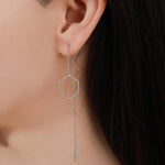 Open Hexagon Threader Earrings in Sterling Silver, Silver or Gold or Rose Gold, Chain Earrings