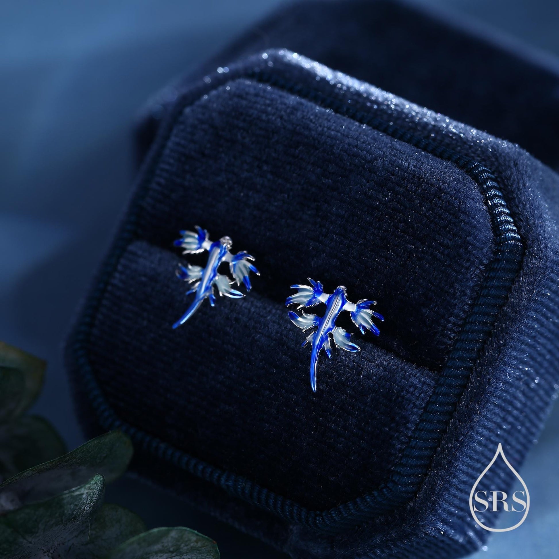 Tiny Blue Sea Dragon Stud Earrings in Sterling Silver, Enamel Blue Sea Slug Earrings, Fun Quirky and Whimsical Jewellery