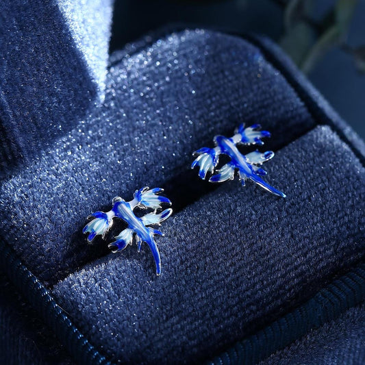 Tiny Blue Sea Dragon Stud Earrings in Sterling Silver, Enamel Blue Sea Slug Earrings, Fun Quirky and Whimsical Jewellery