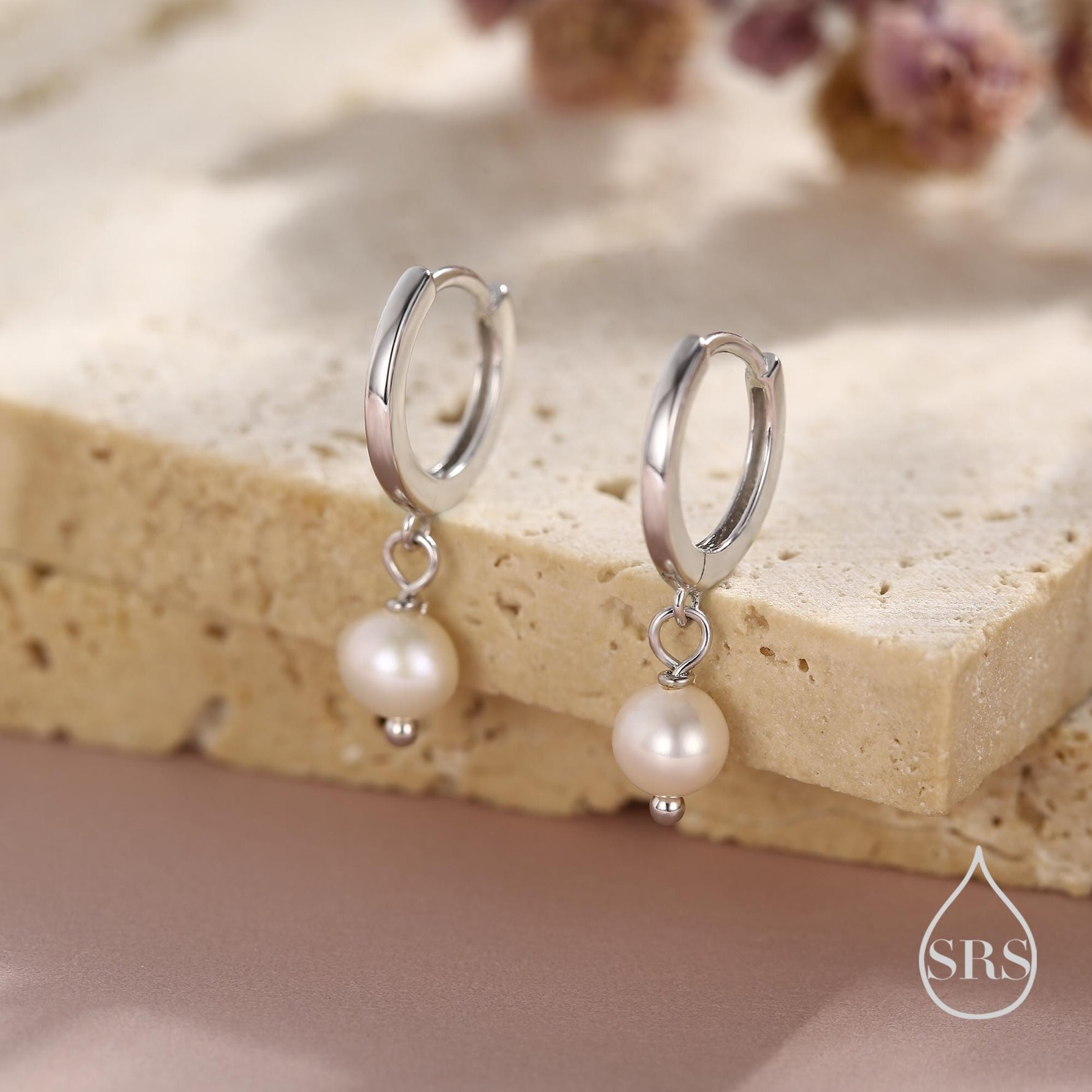 Tiny Dangle Pearl Huggie Hoops Earrings in Sterling Silver, , Genuine Freshwater Pearls, Silver or Gold, Minimalist Simple Hoop Earrings