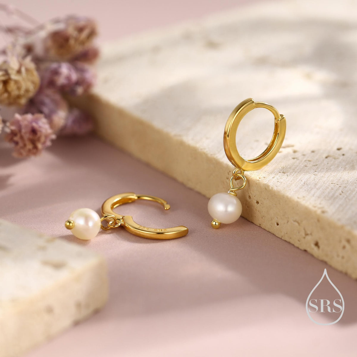 Tiny Dangle Pearl Huggie Hoops Earrings in Sterling Silver, , Genuine Freshwater Pearls, Silver or Gold, Minimalist Simple Hoop Earrings
