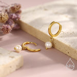 Tiny Dangle Pearl Huggie Hoops Earrings in Sterling Silver, , Genuine Freshwater Pearls, Silver or Gold, Minimalist Simple Hoop Earrings