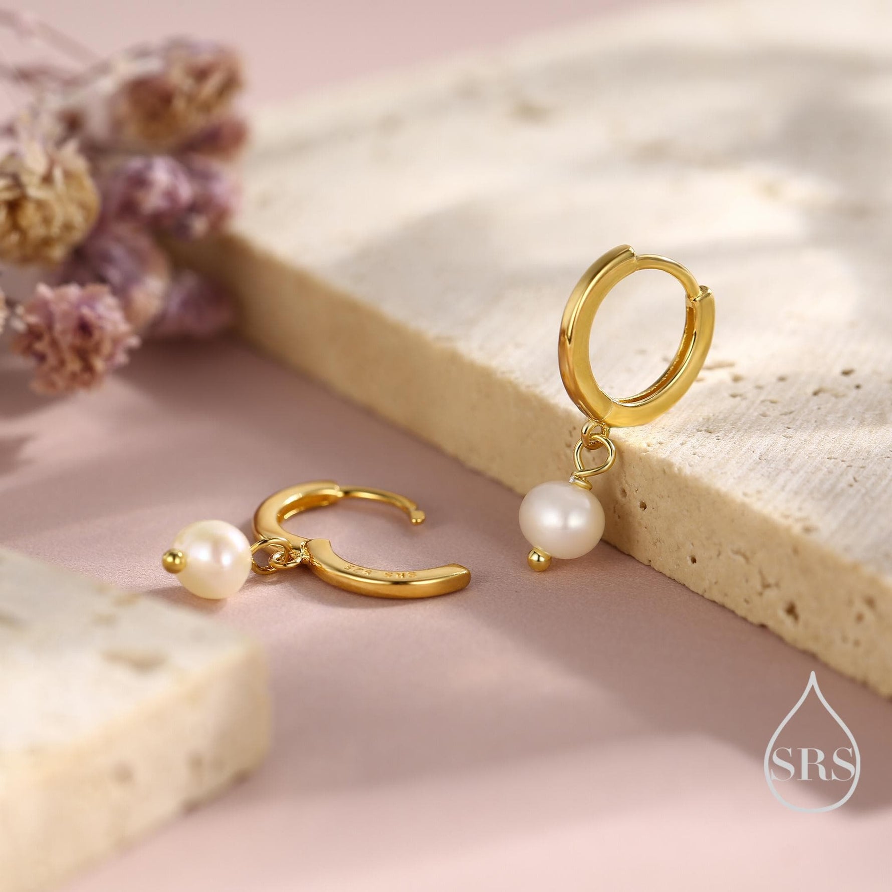Tiny Dangle Pearl Huggie Hoops Earrings in Sterling Silver, , Genuine Freshwater Pearls, Silver or Gold, Minimalist Simple Hoop Earrings