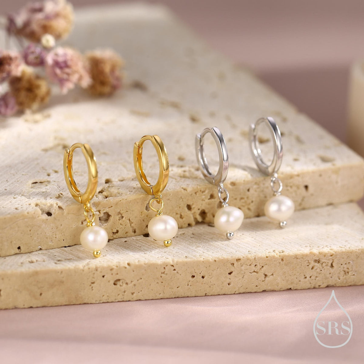Tiny Dangle Pearl Huggie Hoops Earrings in Sterling Silver, , Genuine Freshwater Pearls, Silver or Gold, Minimalist Simple Hoop Earrings