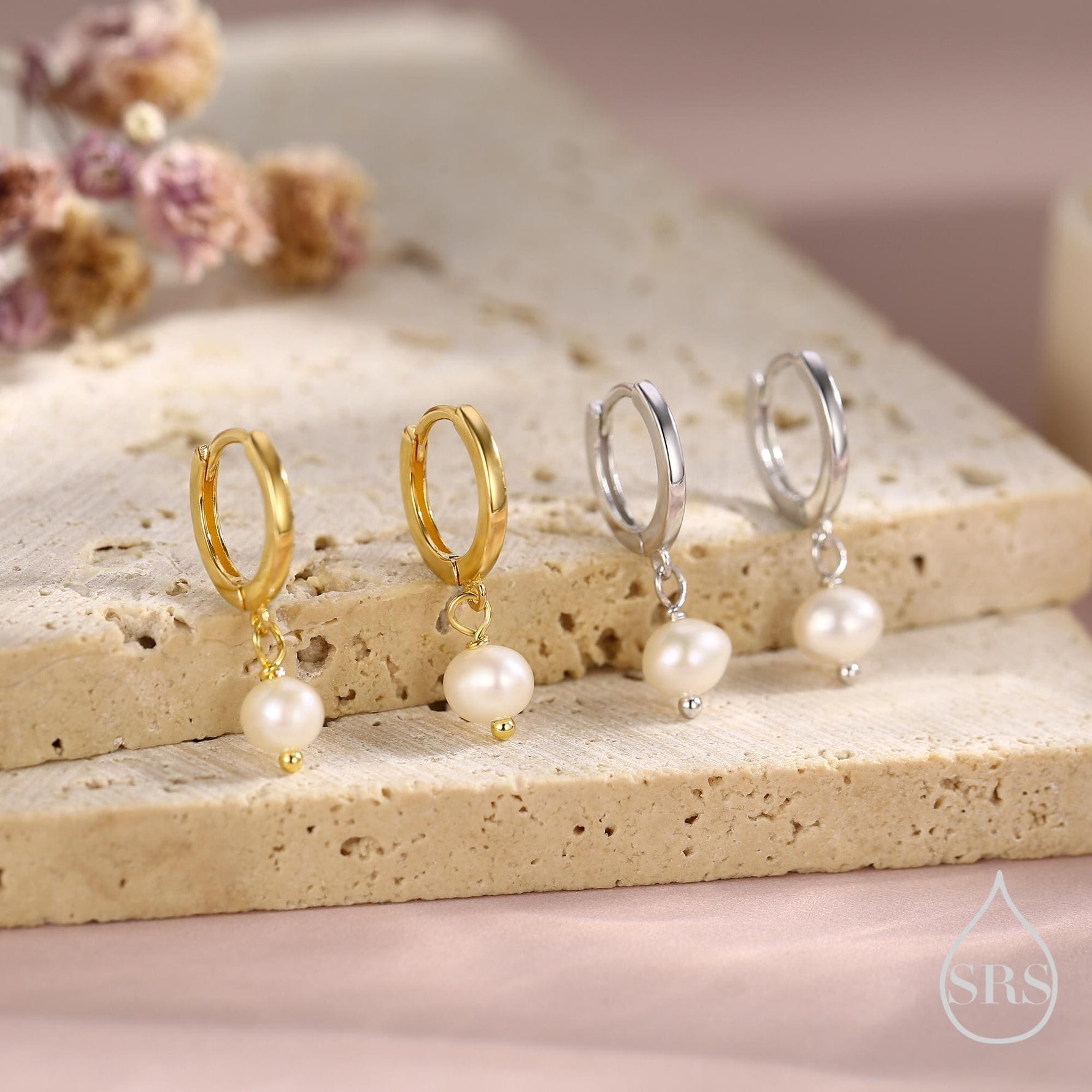 Tiny Dangle Pearl Huggie Hoops Earrings in Sterling Silver, , Genuine Freshwater Pearls, Silver or Gold, Minimalist Simple Hoop Earrings