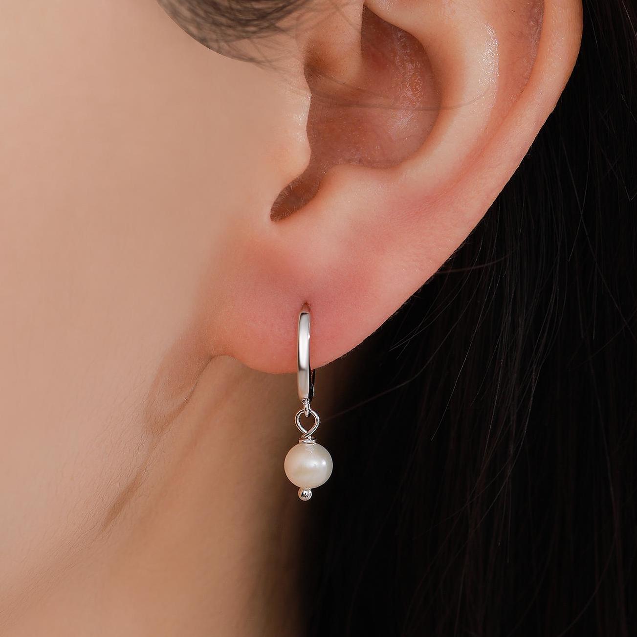 Tiny Dangle Pearl Huggie Hoops Earrings in Sterling Silver, , Genuine Freshwater Pearls, Silver or Gold, Minimalist Simple Hoop Earrings