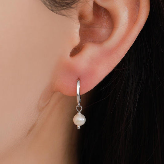 Tiny Dangle Pearl Huggie Hoops Earrings in Sterling Silver, , Genuine Freshwater Pearls, Silver or Gold, Minimalist Simple Hoop Earrings